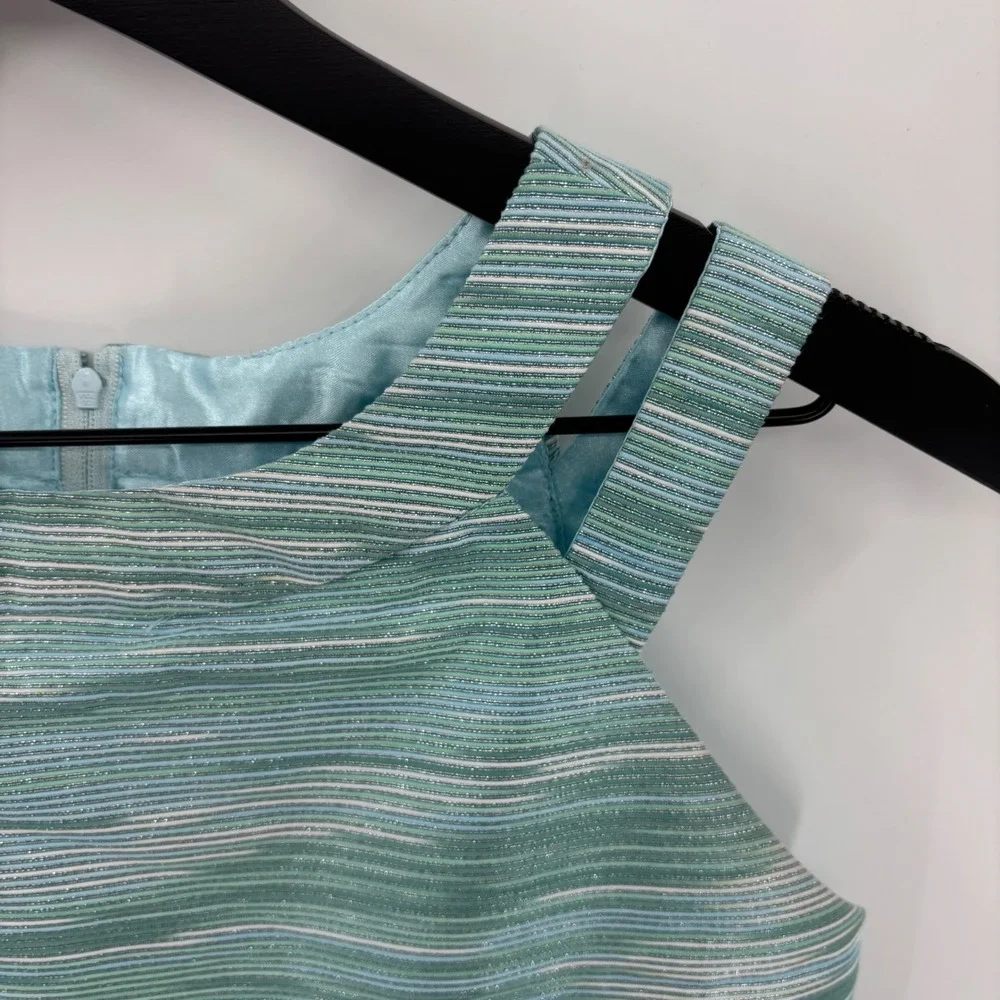 The Childrens Place Girls Striped Fit & Flare Party Dress Girls 16 Teal Metallic